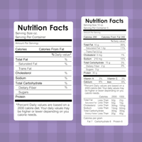 Dois rotulos de embalagens contendo informações nutricionais sobre o alimento em fundo roxo